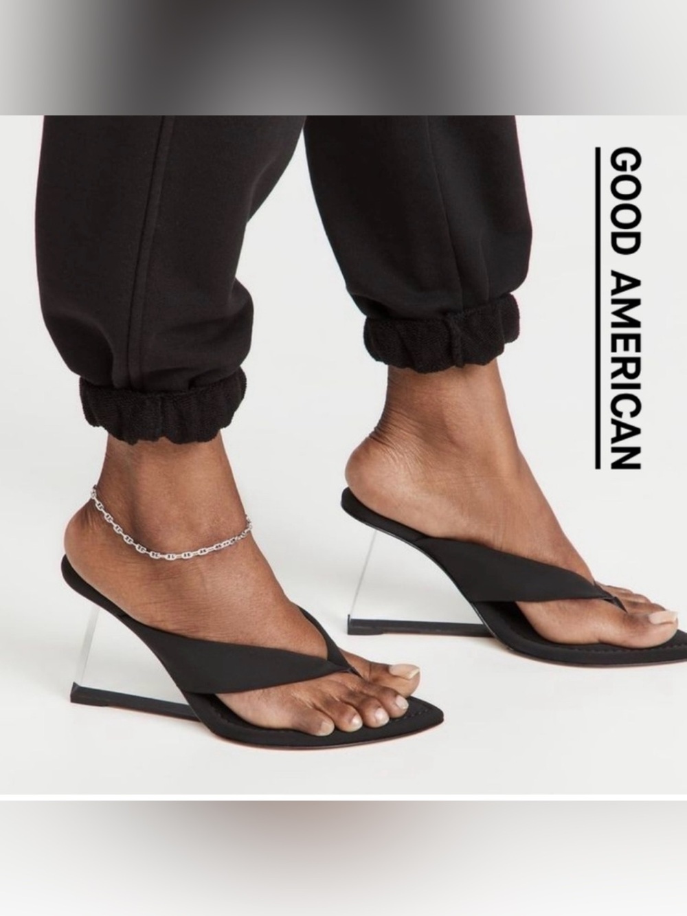 Good American Black Clear Wedge Thong Sandals